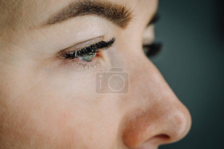 Téléchargez les photos : Belle prise de vue macro de l'œil féminin avec des cils extrêmement longs et un maquillage de doublure noir. Forme parfaite maquillage et cils longs. Cosmétiques et maquillage. Gros plan macro des yeux de mode visage - en image libre de droit