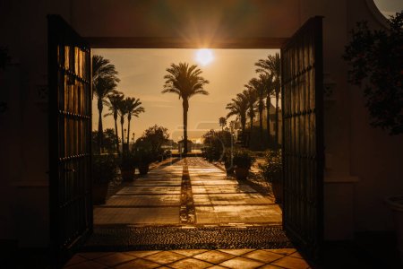 Sotogrante, Spain - January 27, 2024 - an open gate with a view of palm trees and a sunset in the background.