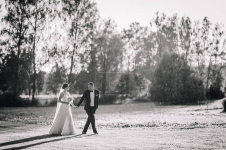 Valmiera, Latvia - July 7, 2023 - Bride and groom walking together in a field, black and white photo.