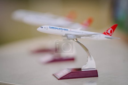 Photo for Valmiera, Latvia - June 28, 2023 - Model airplane of Turkish Airlines on a stand, focused with a blurred background. - Royalty Free Image