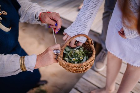 Jurmala, Latvia - july 25, 2023 - Hands holding a basket with herbs and a traditional Latvian blessing ritual.