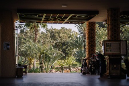 Téléchargez les photos : Agadir, Maroc - 28 février 2024- Vue depuis une zone ombragée sur un terrain de golf ensoleillé encadré de palmiers, avec des sacs de golf à droite. - en image libre de droit