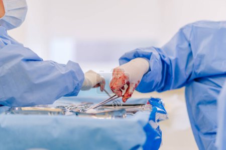 Valmiera, Latvia - March 20, 2024 - Close-up of surgical instruments and gloved hands, one hand with blood, in an operation, blue surgical drapes, clinical setting.