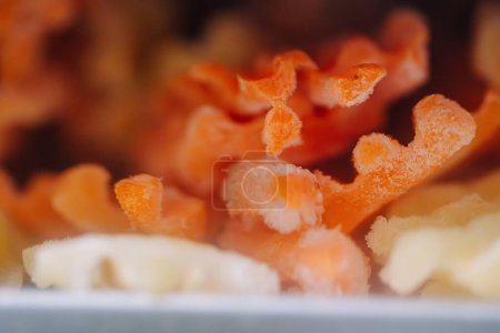 Close-up of frozen, textured carrot pieces, with a blurred background emphasizing the frosty surface.