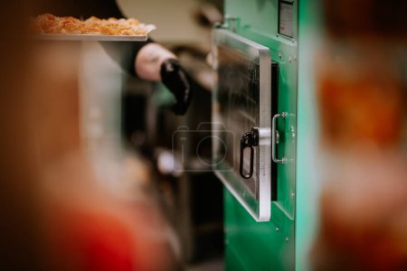 A focused image of a green freeze-dryer door with a blurred background showing trays of freeze-dried carrots.