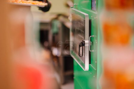 Ein fokussiertes Bild einer grünen Gefriertrockner-Tür mit einem unscharfen Hintergrund, der Tabletts mit gefriergetrockneten Karotten zeigt.