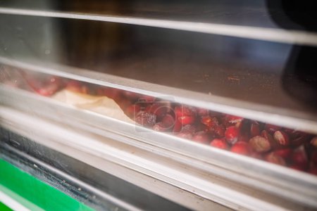 Close-up view through a transparent door of a freeze-dryer with a tray of red freeze-dried fruits inside.