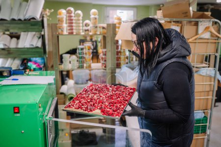 A woman is holding a tray of freeze-dried cranberries next to a green freeze-dryer in a storage room.