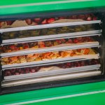 A green freeze dryer machine with a clear door, showing multiple trays filled with various types of dried fruits inside.