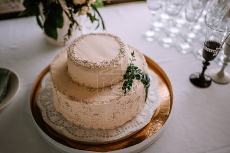 Un pastel de boda de dos niveles con glaseado simple y cuentas de plata decorativas en los bordes, adornado con una ramita de eucalipto en una tabla de madera.