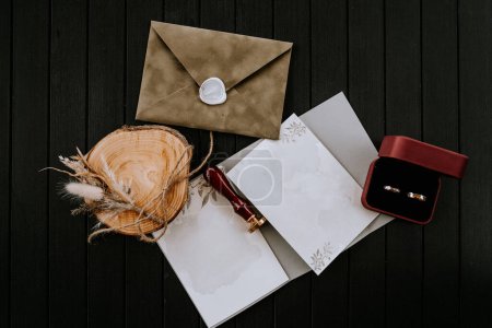 A flat lay composition of wedding items on a dark wooden surface, featuring a sealed envelope, a wooden ring dish with dried flowers, an open wedding invitation, and a red ring box with two rings.