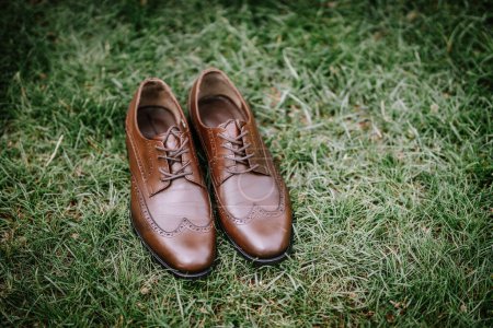 Brown leather dress shoes with decorative perforations on the toe, placed neatly on a green grass surface.