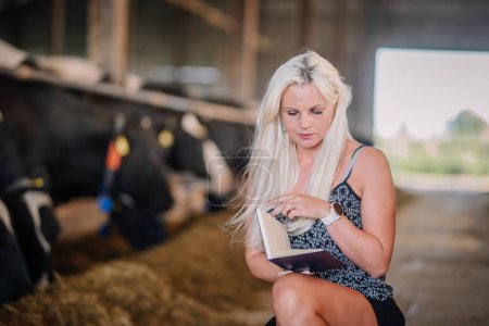Valmiera, Letonia - 17 de agosto de 2024 - Una mujer rubia enfocada está agachada y leyendo un libro en un granero, con vacas y puertas de granero en el fondo.