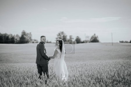 Valmiera, Latvia- July 28, 2024 - A bride and groom stand holding hands in a wheat field, looking back towards the camera, in black and white.
