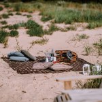 Valmiera, Latvia - August 10, 2023 - Beach picnic setup with a basket, wine bottle, glasses on a blanket, and cushions, amidst dunes and greenery.