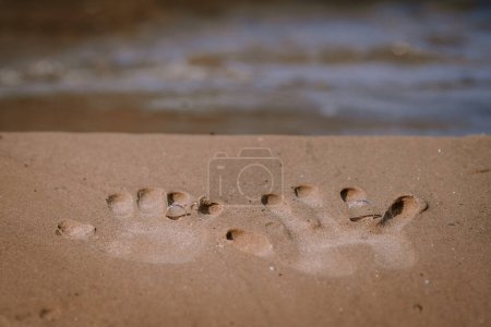 Valmiera, Lettland - 10. August 2023 - Handabdrücke und Eheringe im Sand am Strand.
