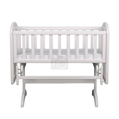 White baby crib with mattress on a white background.