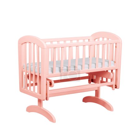 Pink baby crib with mattress on a white background.