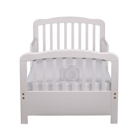 White toddler bed with safety rail and storage drawers on a white background.