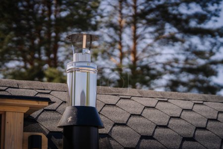 A close-up of a chimney on a tiny house's shingled roof, with pine trees in the blurry background.