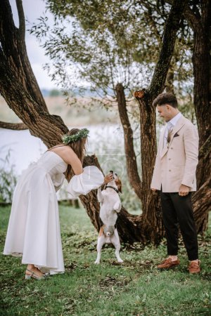 Riga, Latvia, - August 26, 2024 - Bride and groom playing with a beagle under a tree by a lake.