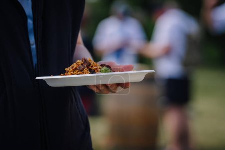 Dobele, Latvia - June 7, 2024 - Person holding a plate of food at an outdoor event, with blurred people and greenery in the background, creating a casual, social atmosphere.