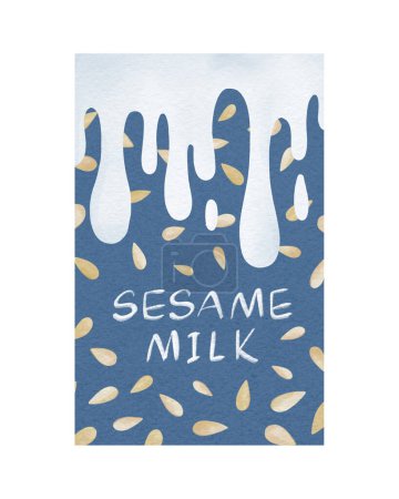Téléchargez les photos : Bannière avec du lait alternatif au sésame. Nourriture végétarienne. Nourriture végétalienne saine. Illustration aquarelle numérique - en image libre de droit