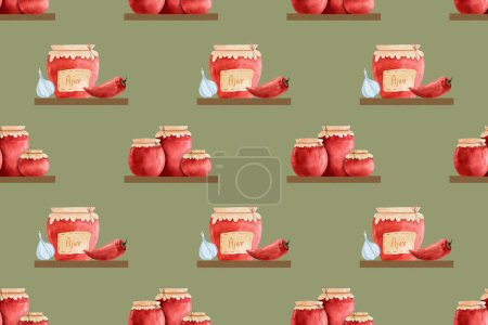 Seamless pattern, a lot of jars with Ajvar on the shelf. Traditional Balkan food with bell peppers, eggplant, and garlic. Digital watercolor