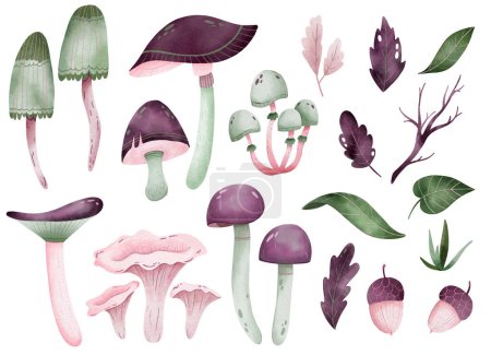Photo for Set of autumn objects. Fantasy mushrooms, leaves, and acorns in pink, violet, and green colors. Digital watercolor illustration. - Royalty Free Image