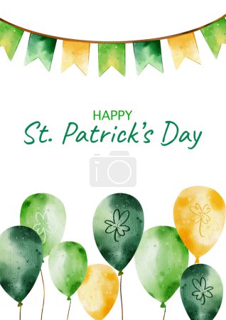 Foto de Feliz día de Patricks postal con banderines y globos para la celebración o invitación a la fiesta irlandesa para imprimir. Ilustración digital en acuarela - Imagen libre de derechos
