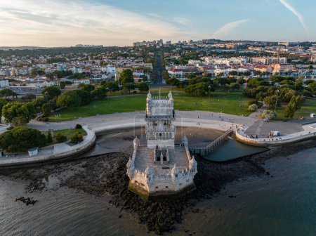 Photo for Aerial drone view of Tower of Belem during sunset in Lisbon, Portugal - Royalty Free Image