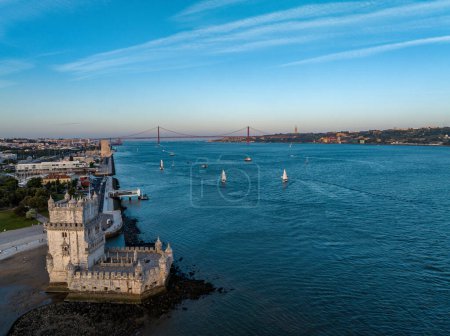 Photo for Aerial drone view of Tower of Belem during sunset in Lisbon, Portugal - Royalty Free Image
