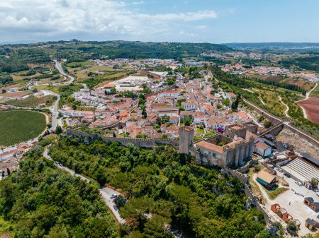 Aerial drone view of the historic walled town of Obidos