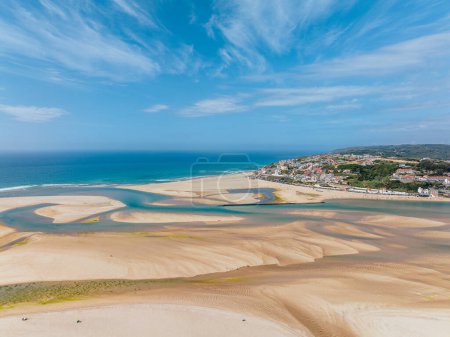 Panoramic aerial view of the lagoon of Obido in the city of Foz do Arelho and the Atlantic Ocean. Portugal