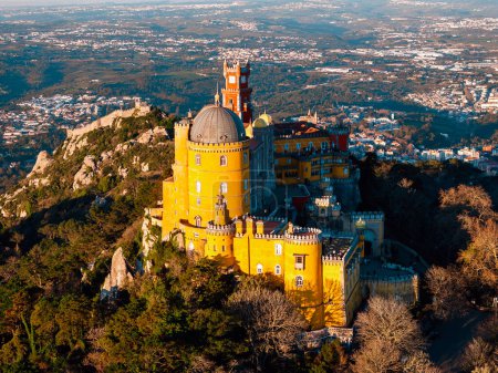 Photo for Aerial drone view of Park and National Palace of Pena in Sintra, Portugal - Royalty Free Image