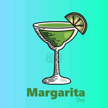 Illustration for National Margarita Day vector. Margarita drink with lime icon vector. Green alcoholic cocktail icon vector. Glass of margarita vector. Margarita Day Poster, February 22. illustration doodle art. - Royalty Free Image
