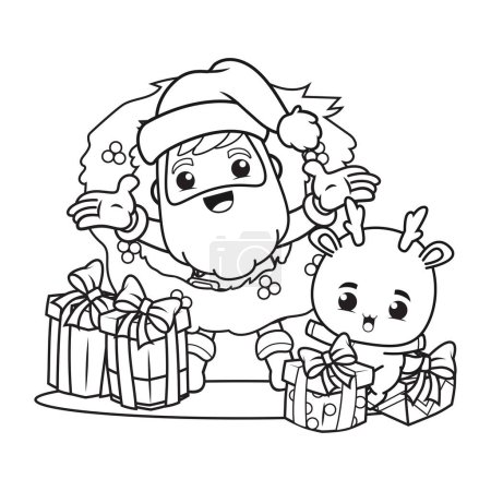 coloring book christmas day with santa claus and cute deer
