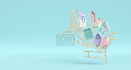 Foto de Shopping cart with colorful shopping bags on blue background. isolated 3d rendering - Imagen libre de derechos