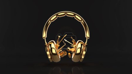 Foto de Gold headphones with different types of musical instruments on black background 3d rendering - Imagen libre de derechos