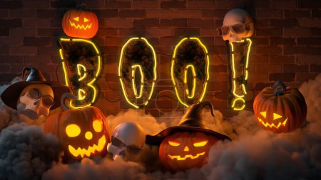 Foto de Illustration of halloween background with pumpkin, witch, pumpkins, ghost, skull. 3d render - Imagen libre de derechos