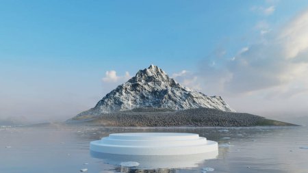 Foto de 3d rendering of ice pedestal podium above the lake with ice mountain background for product presentation - Imagen libre de derechos