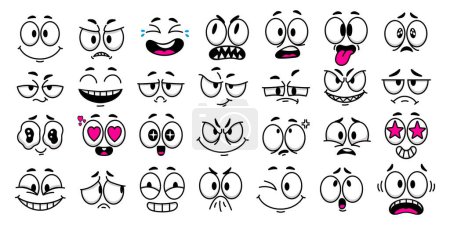 Ilustración de Caras de dibujos animados. Expresiones faciales para personajes de estilo antiguo retro o conjunto de ilustración de vectores de mascotas de animación de 1970. Emociones sonrientes, asustadas, enojadas y tristes aisladas en la colección de emoticonos blancos - Imagen libre de derechos