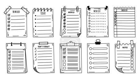 Illustration for Doodle checklist. Hand drawn to do list, today tasks and sketch weekly planner. Clipboard with bullet list, notes page with check and tick vector set. Work organization or management, reminder - Royalty Free Image