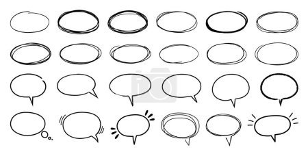 Illustration for Oval sketch frames. Hand drawn ellipse shape, round doodle speech balloon and scribble highlight vector set. Communication box, circular border for important note or idea, isolated elements - Royalty Free Image