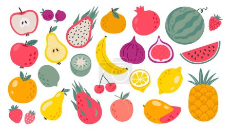 Ilustración de Frutos hechos a mano. Doodle frutas tropicales naturales, manzana orgánica, limón vitamínico y naranja cítrica. Set de vectores de plátano, melocotón dulce y sandía. Comida natural saludable, ingredientes tropicales - Imagen libre de derechos