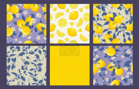 Illustration for Lemons texture pattern. Yellow lemon peel, blossom on branches and sliced fruits seamless vector background set. Natural organic citrus with vitamin c, flowers and leaves for fabric - Royalty Free Image
