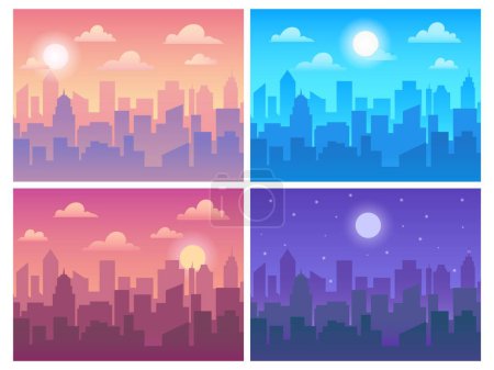Illustration for Daytime cityscape. Morning town, afternoon city, evening skyscrape and night urban background. Different time of day vector illustration set. Cityscape silhouette sunset and sunrise - Royalty Free Image
