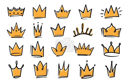 Illustration for Hand drawn golden crowns. Graffiti style regal doodles, royal crown and luxury corona symbol vector icons set. Isolated royal accessories, different elegant precious elements, majestic objects - Royalty Free Image