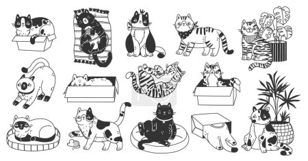 Ilustración de Doodle boceto gatos lindos personajes. Graciosas mascotas dibujadas a mano en cajas, cestas, alfombras con plantas aisladas sobre fondo blanco. Conjunto de vectores. Gatito jugando con bola de hilos, escondido en cartón - Imagen libre de derechos