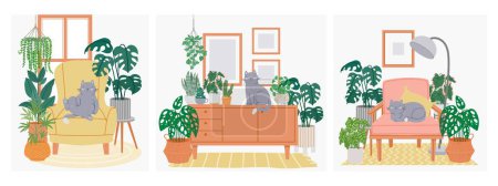 Illustration for Interior with cat and houseplants. Composition with cozy home, relaxing pet cats on armchair and cupboard with flower and pots. Hygge room. Vector illustration. Animal on armchair or cupboard - Royalty Free Image